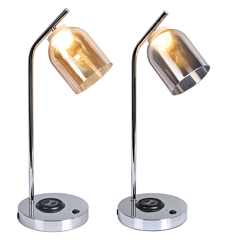 Lampă de birou led QI cu abajur din sticlă